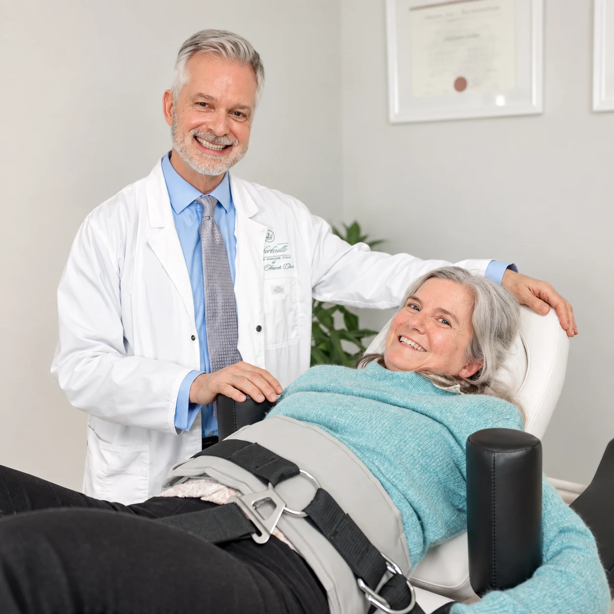 A Yorkville Sports Medicine physician with a patient on the spinal decompression table